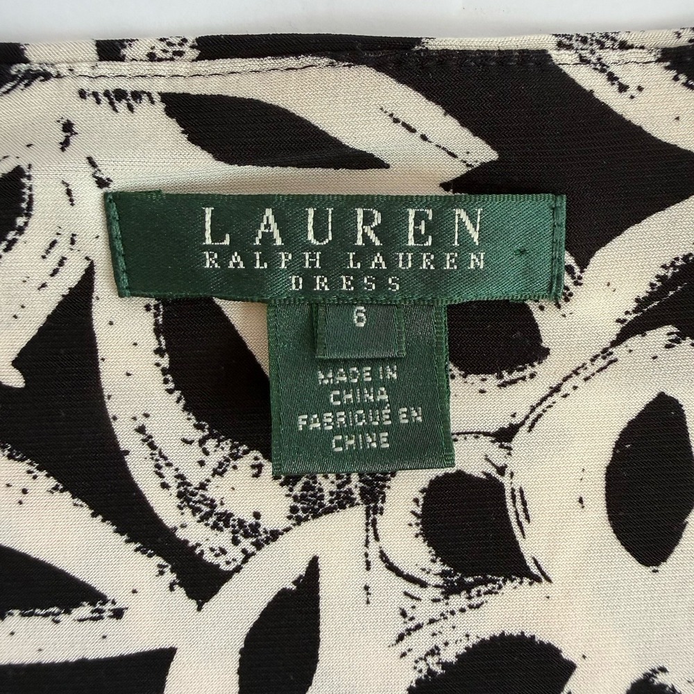 Ralph Lauren Dress Size 6‎ Black White 3/4 Sleeve V-Neck Ruched Faux Wrap Sheath - Picture 6 of 9